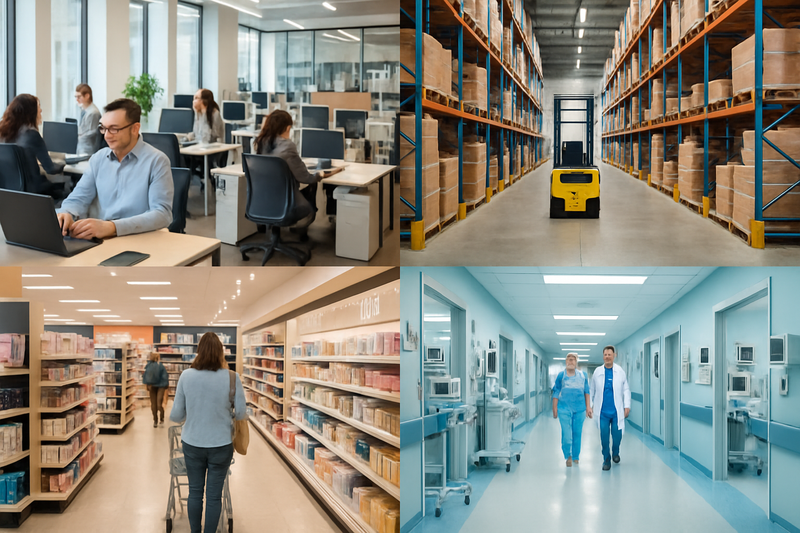 4 locations 4 qudrants: office, warehouse, retail, hospital